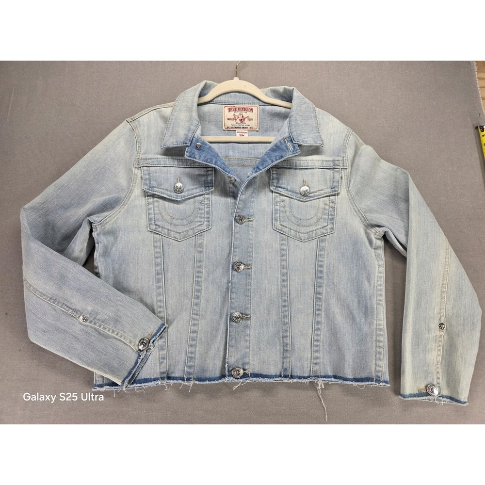 True Religion Mens Trucker Jacket XL Raw Hems Light Wash Streetwear Staple Retro